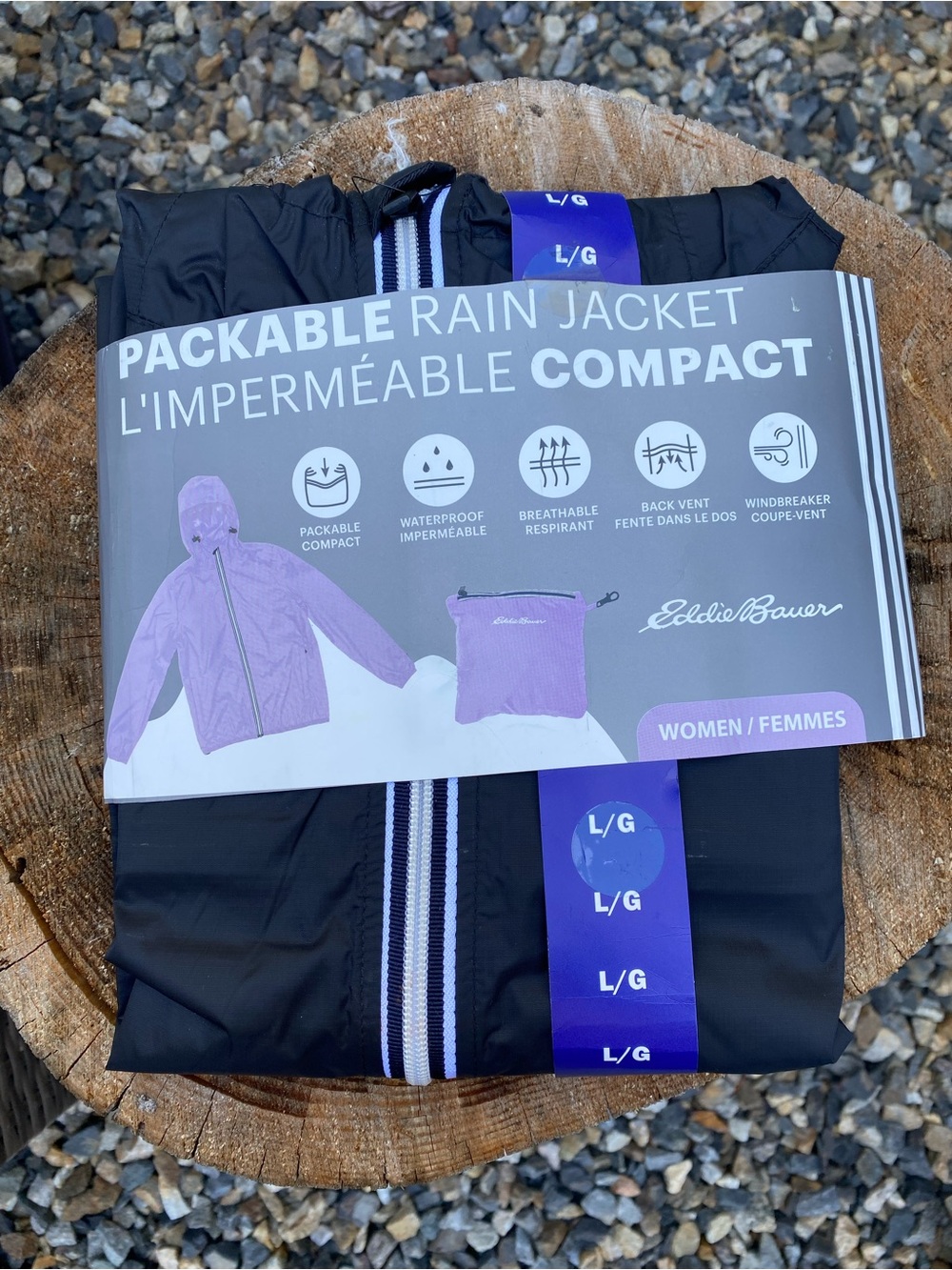 Eddie Bauer Packable Rain Jacket for Kids - Black with White Stripe